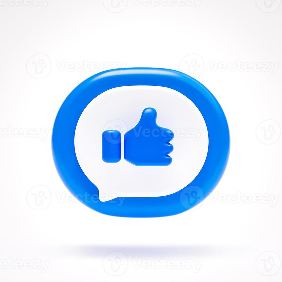 como ou polegar para cima ícone bom sinal ou botão de símbolo na bolha de fala azul no fundo branco renderização em 3d foto
