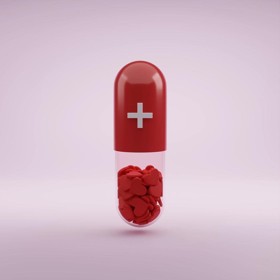 remédio de cápsula com ilustração de renderização 3d em forma de coração interno foto