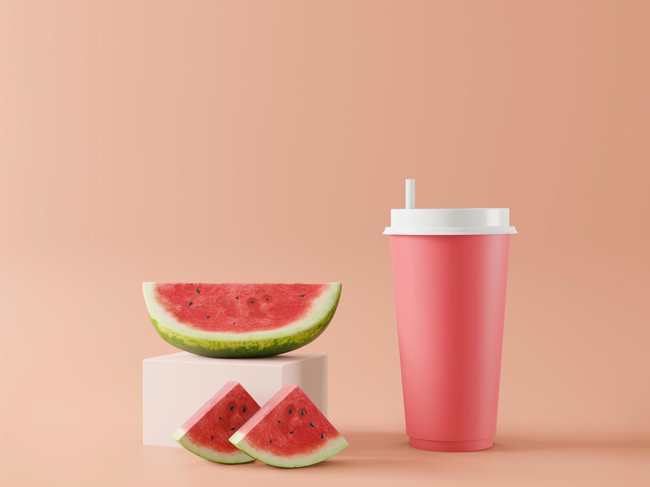 copo para suco de melancia no fundo rosa, 3d foto