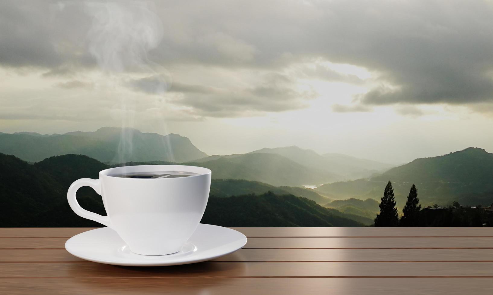 café preto em uma caneca de café branco há fumaça ou vapor branco subindo. café expresso quente em uma mesa de madeira no café da manhã o fundo é um cenário de montanha. o sol da manhã está nascendo. renderização em 3D foto