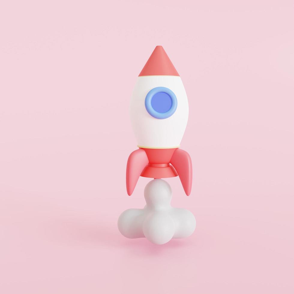 foguete de brinquedo leva cuspindo fumaça. o símbolo do sucesso é a educação e o conhecimento das start-ups. ilustração 3D foto