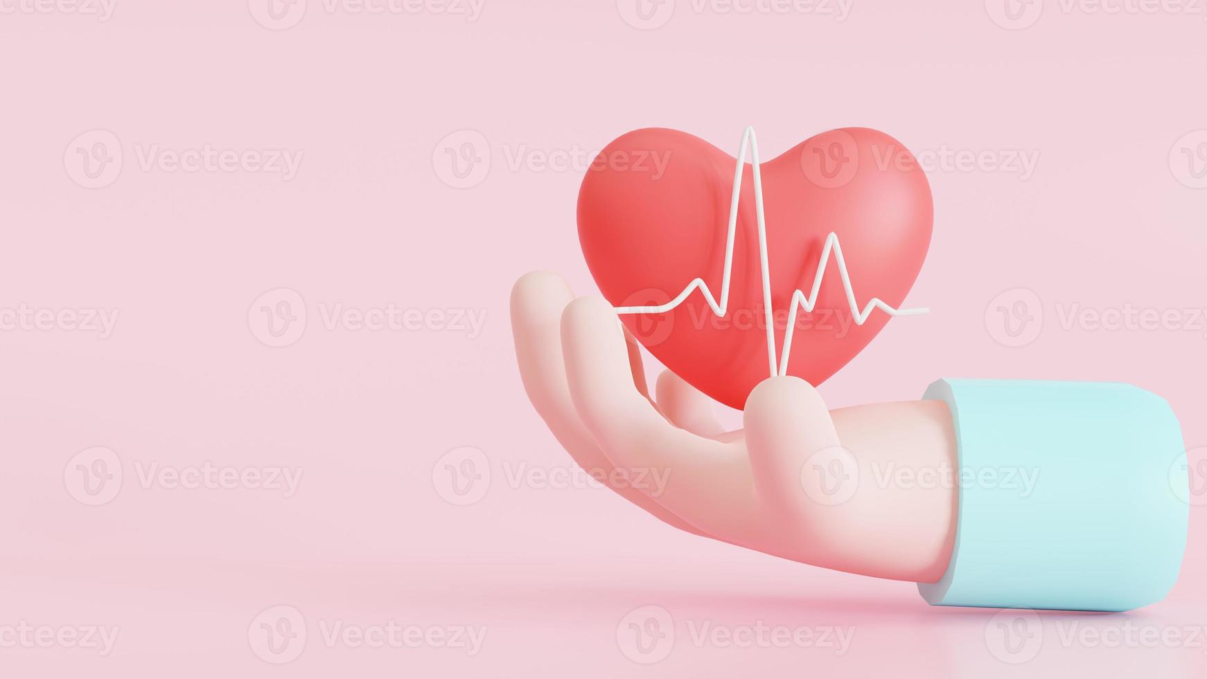 mão de personagem de desenho animado segurando o coração. e onda de batimentos cardíacos. ilustração 3D. foto