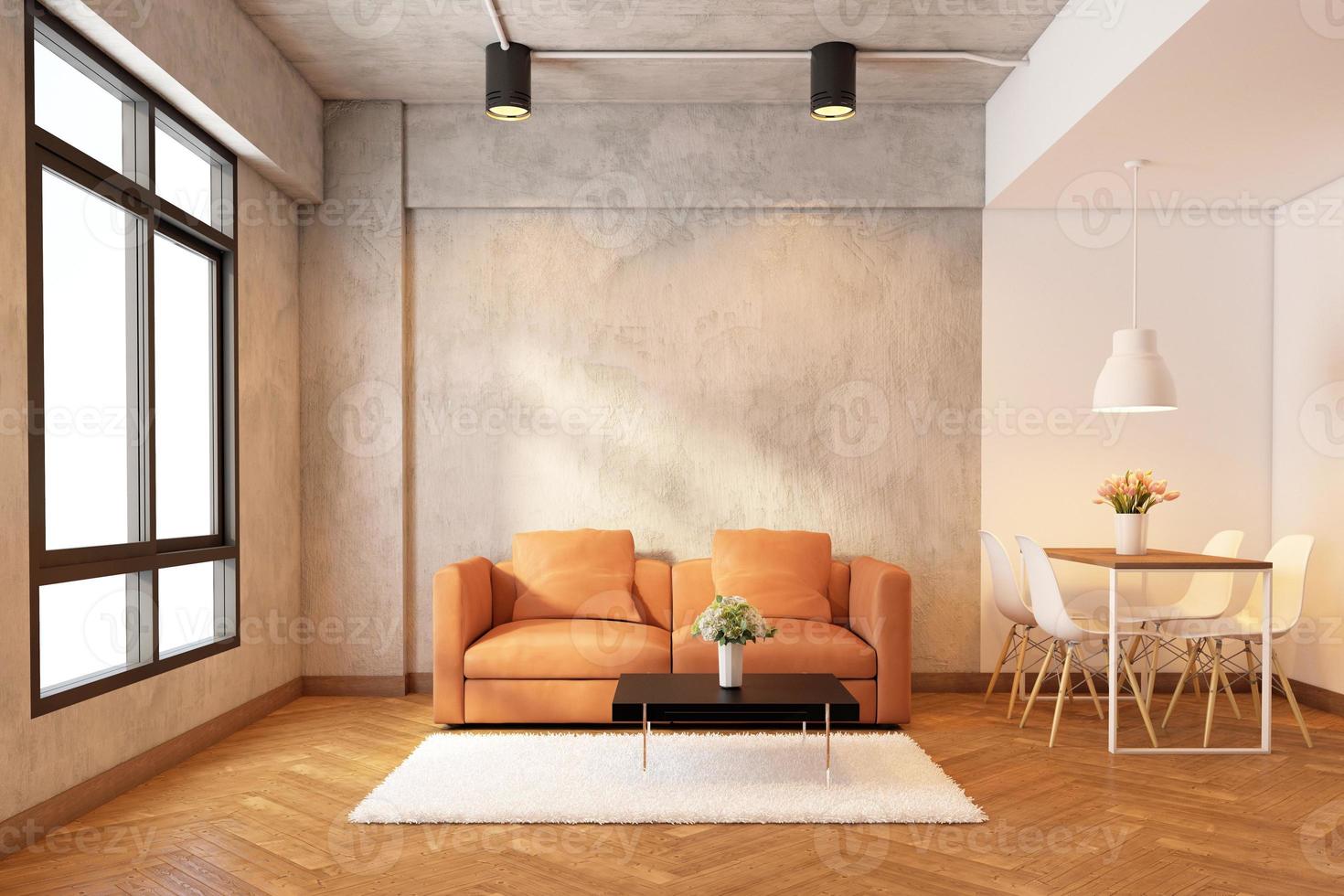 sala de estar com parede de cimento nu e piso de madeira padrão, conjunto de sofá e conjunto de mesa de jantar. renderização em 3D foto