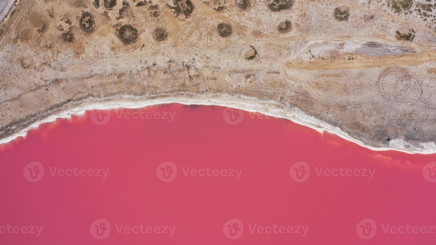 foto de cima para baixo do drone aéreo de um lago rosa natural e da costa genichesk, na Ucrânia. o lago naturalmente fica rosa devido aos sais e pequenos crustáceos artêmicos na água. este milagre é raro.