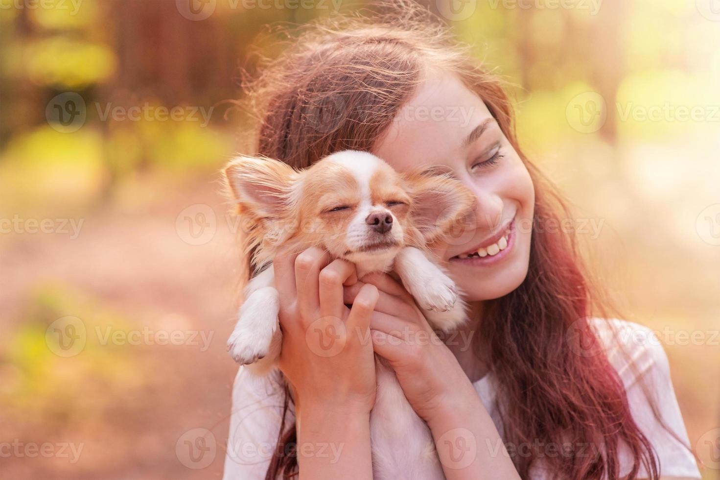 emoção positiva em uma criança com um cachorro mini chihuahua em seus braços. relacionamento terno com um animal de estimação. foto