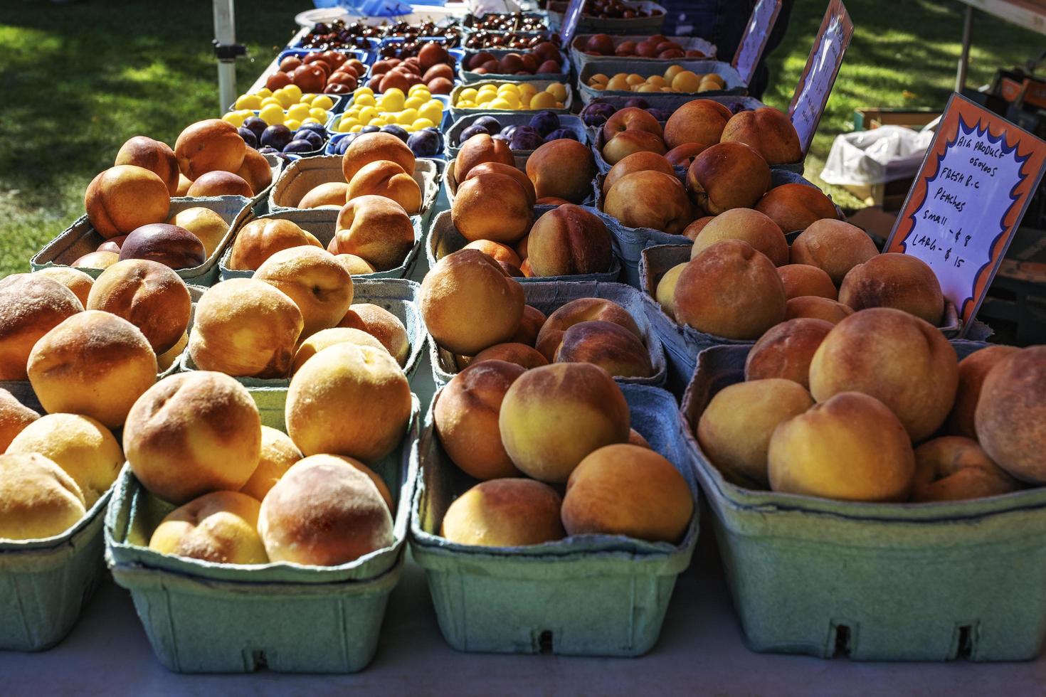 pêssegos orgânicos. mercado de agricultores foto