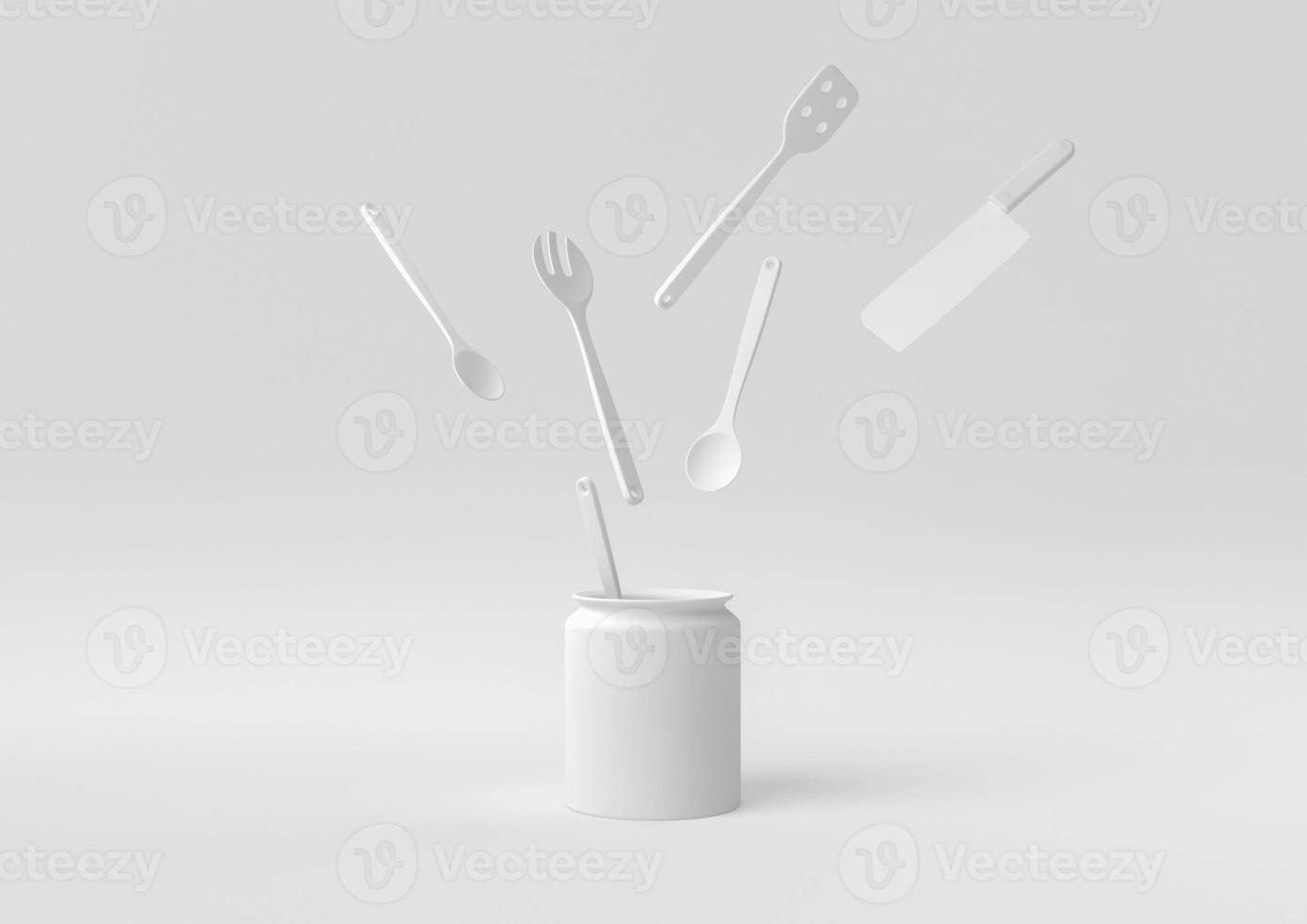 utensílios de cozinha brancos e ingredientes de panificação flutuando no fundo branco. ideia de conceito mínimo criativa. monocromático. renderização 3D. foto