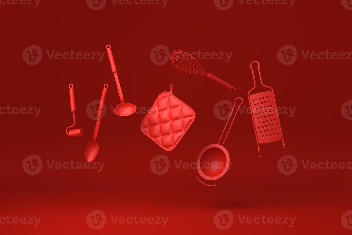 utensílios de cozinha vermelhos flutuando no fundo vermelho. ideia de conceito mínimo criativa. monocromático. renderização 3D. foto