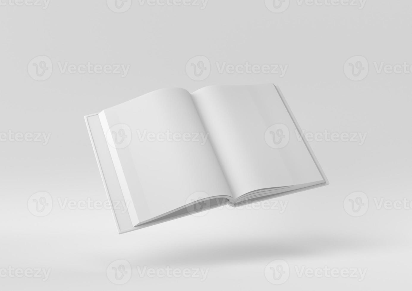 revista aberta em branco branca ou livro flutuando em fundo branco. ideia de conceito mínimo criativa. monocromático. renderização 3D. foto