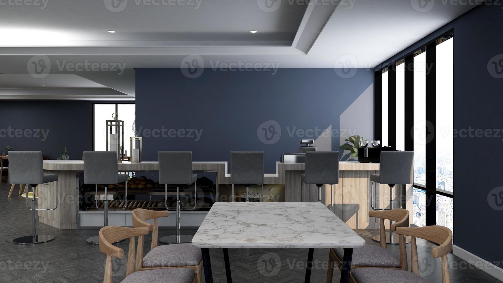 café moderno com conceito de bar em renderização 3d - maquete de design de interiores de ideias de café foto