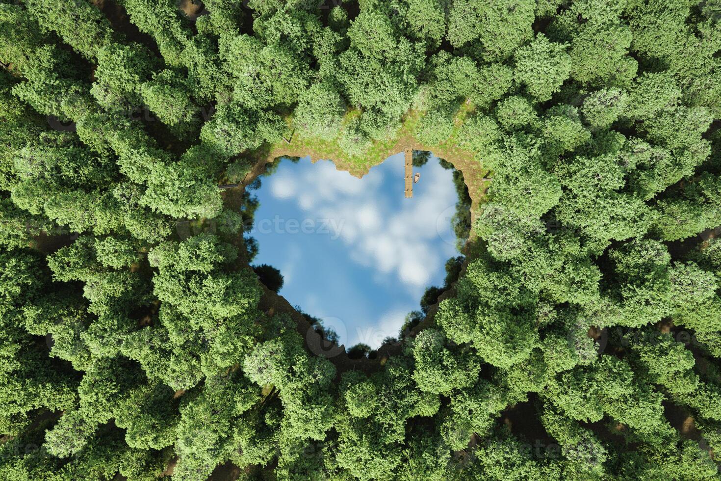 vista superior de uma floresta com um lago em forma de coração foto