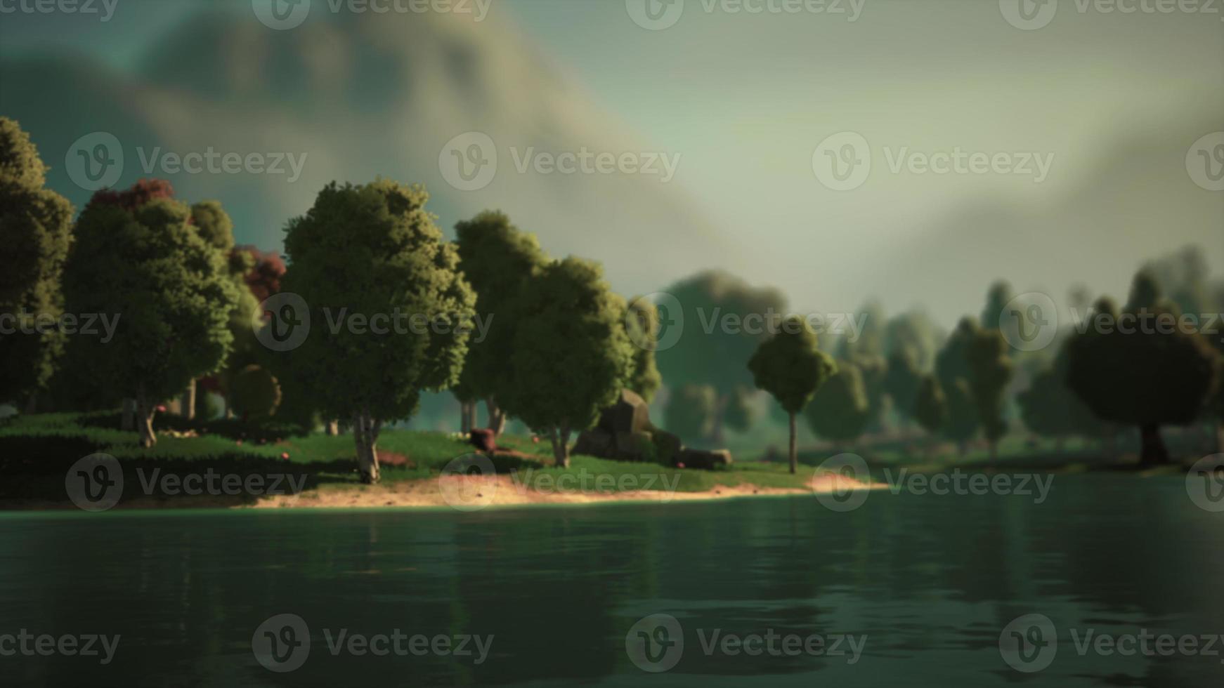 paisagem de floresta verde dos desenhos animados com árvores e lago foto