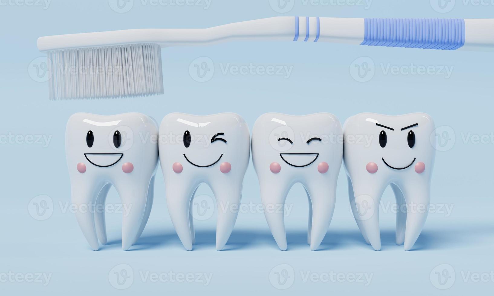 dentes de emoção saudável com escova de dentes sobre fundo azul. conceito odontológico e de cuidados de saúde. renderização de ilustração 3D foto