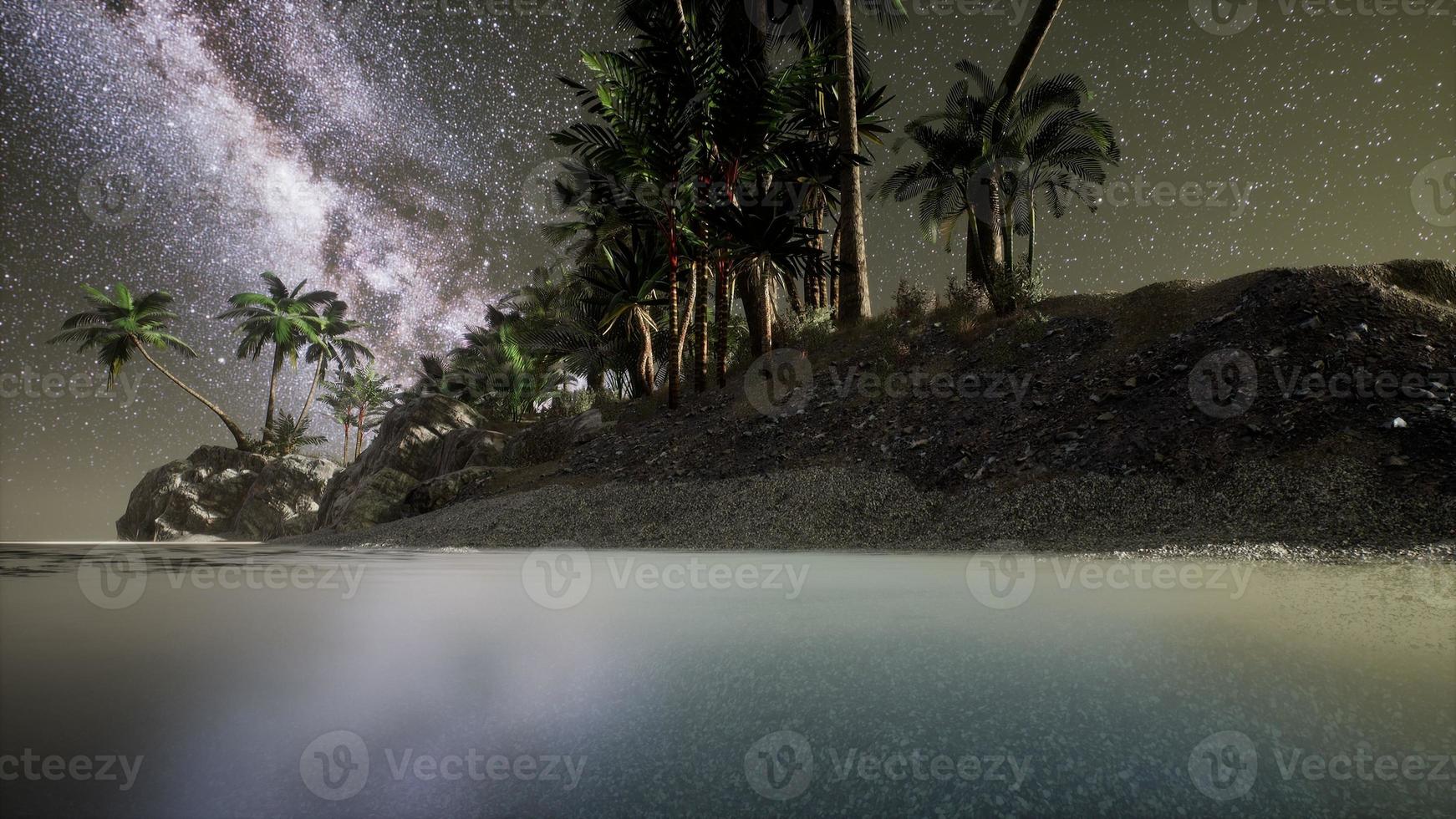 bela praia tropical de fantasia com estrela da via láctea no céu noturno foto