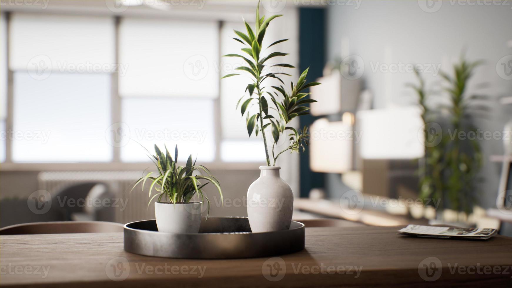 planta de casa com vaso de flores branco na mesa de madeira foto