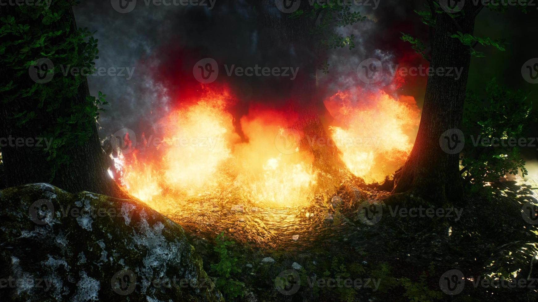 vento soprando em árvores em chamas durante um incêndio florestal foto