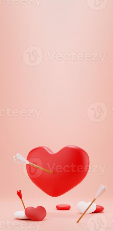 Fundo rosa de forma de coração de renderização 3D. ícone 3d um coração vermelho perfurado com seta no desenho de fundo rosa mínimo bonito suave. conceito de dia dos namorados. foto