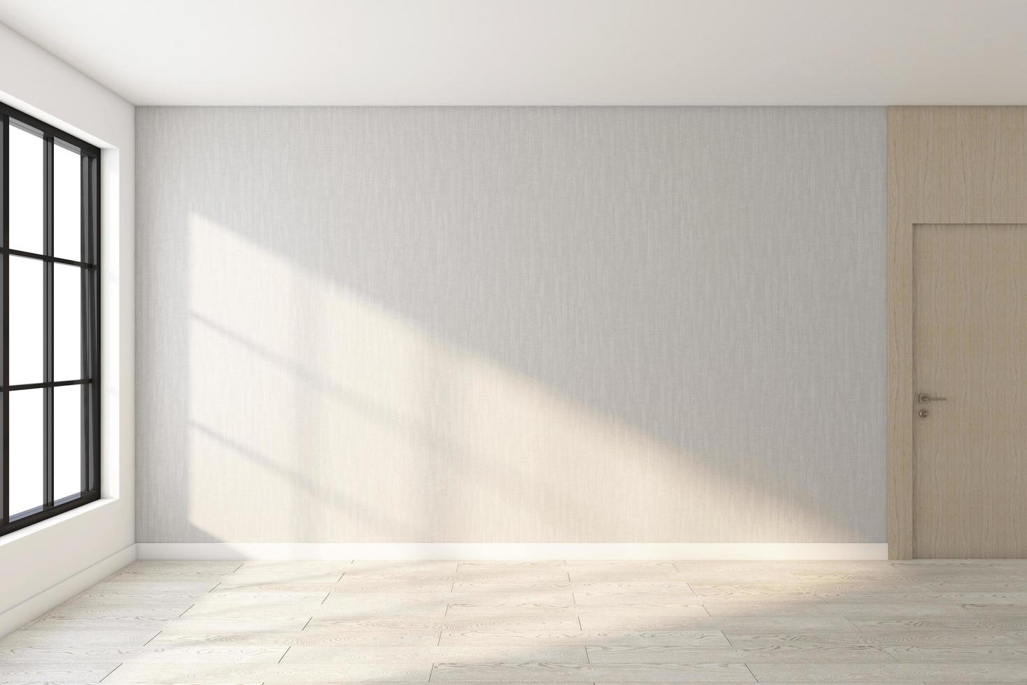 quarto vazio minimalista com parede cinza e piso de madeira. renderização em 3D foto