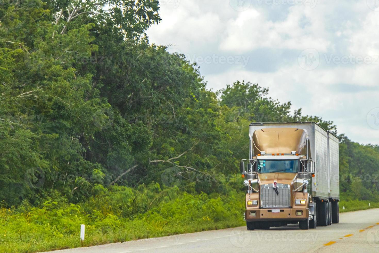 dirigindo o caminhão dourado na rodovia na natureza tropical do México. foto