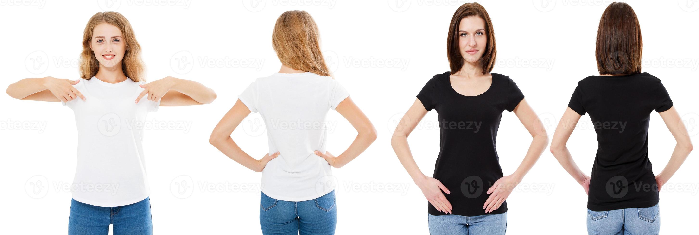 conjunto de t-shirt. vista frontal e traseira morena e loira em camiseta branca e preta isolada. duas garotas com uma camisa em branco, mock up, colagem, espaço de cópia, modelo foto