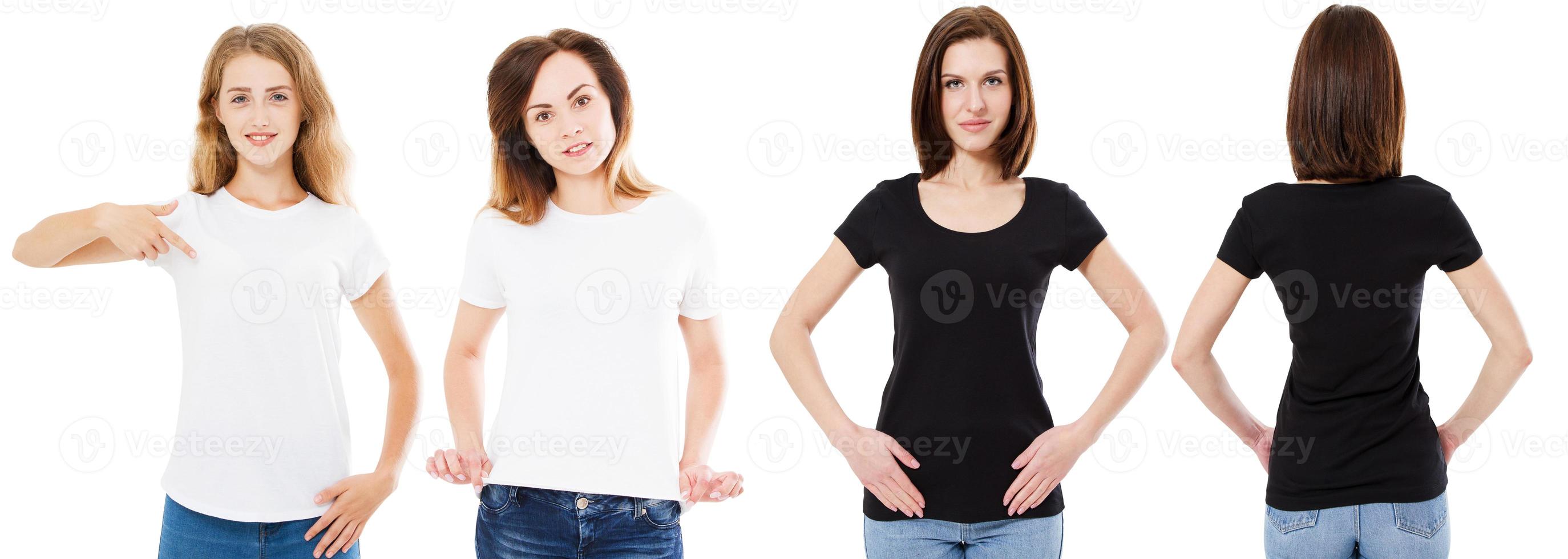 conjunto de camisetas, vista frontal e traseira mulher em camiseta preta e branca, mock up, espaço de cópia, três camisetas femininas foto