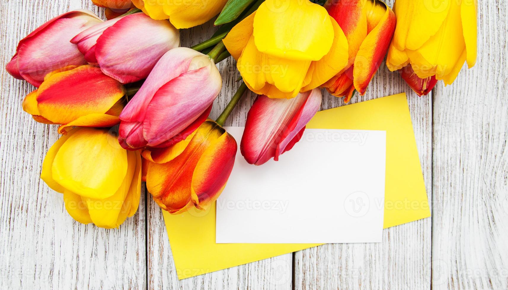 flores de tulipas de primavera e cartão foto