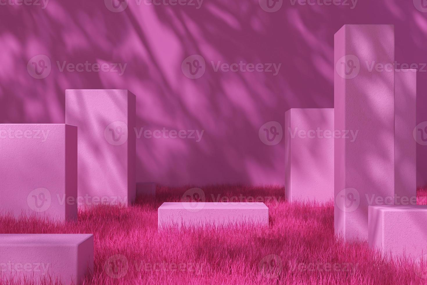 plataforma rosa na grama e parede rosa, sombra de árvore na parede, fundo de maquete rosa para apresentação do produto. renderização em 3D foto