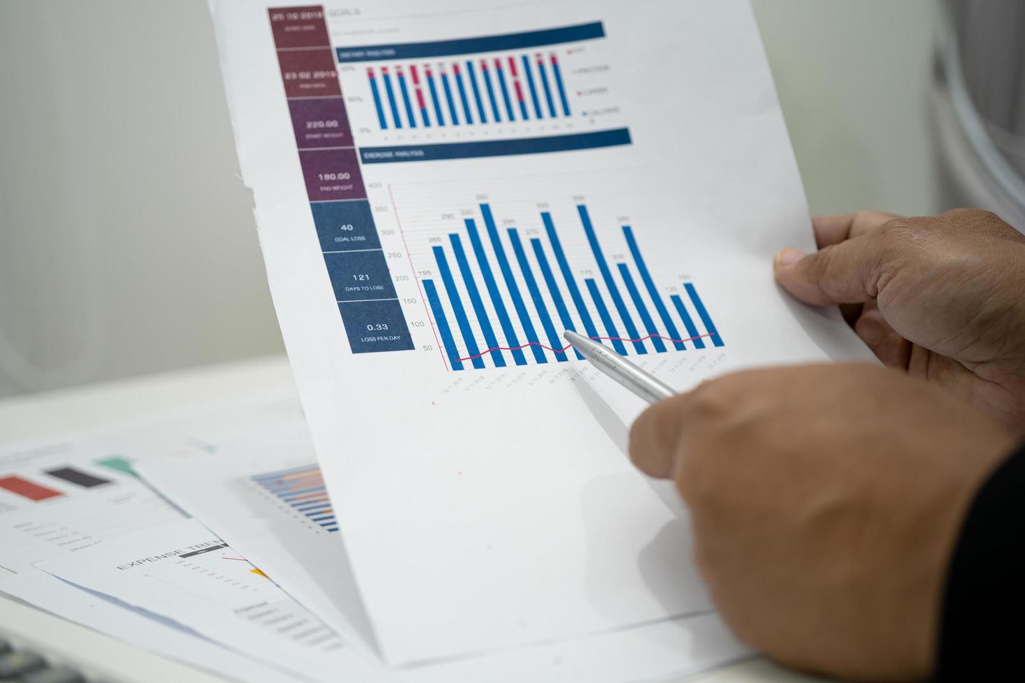 contador asiático trabalhando e analisando contabilidade de projeto de relatórios financeiros com gráfico gráfico e calculadora no conceito moderno de escritório, finanças e negócios. foto