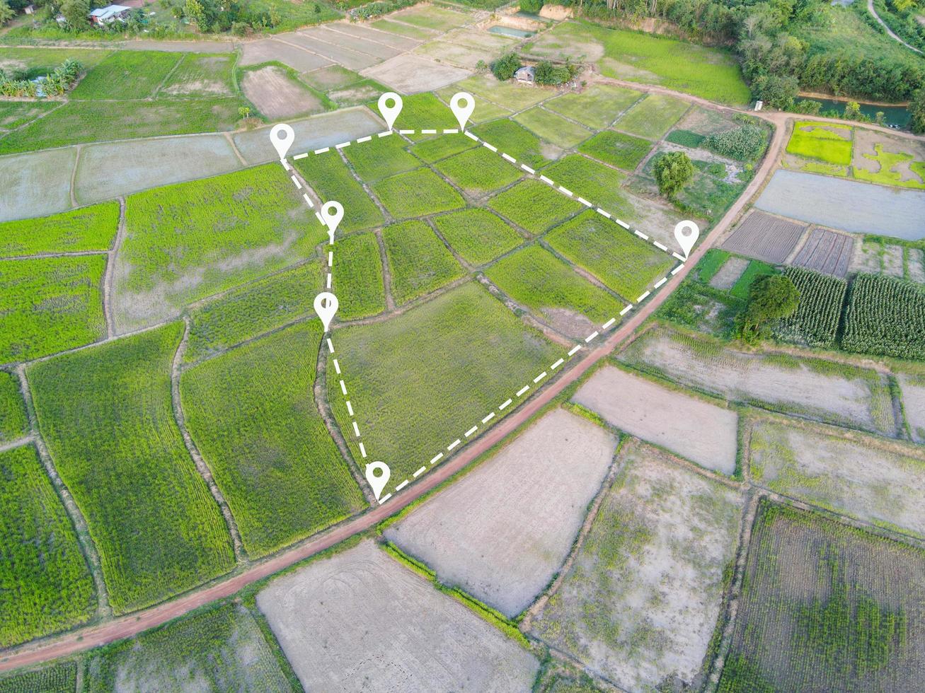 terreno em vista aérea, vista superior terra campo verde agricultura planta com pinos, ícone de localização de pino para subdivisão de habitação desenvolvimento residencial venda de propriedade aluguel comprar ou investimento subúrbios rurais foto