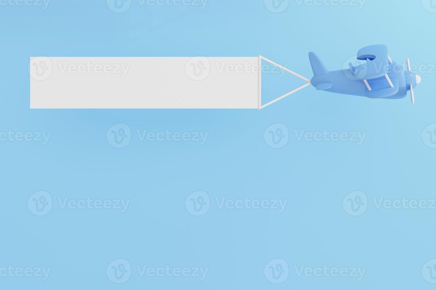 avião de brinquedo e avião de banner publicitário carregando um banner em branco. bandeira de publicidade. ilustração 3D foto