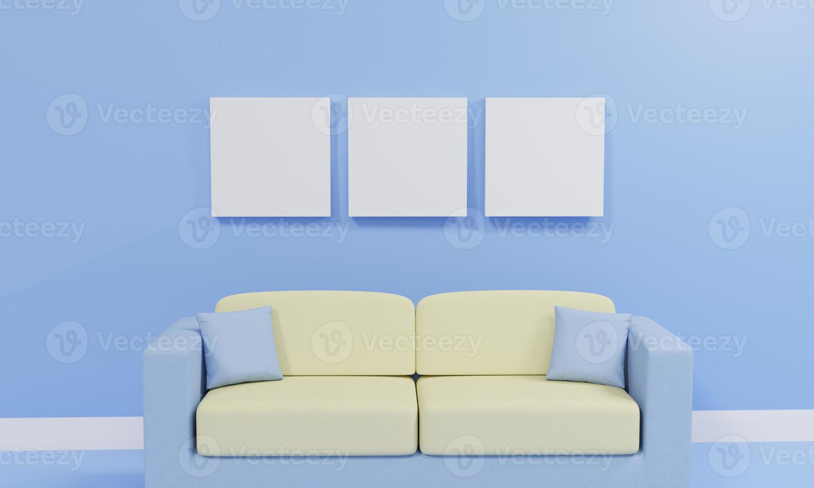 sala de estar minimalista com sofá contra parede azul, renderização em 3d foto