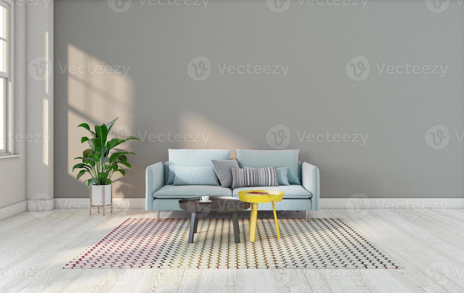 sala minimalista com sofá azul claro e mesa lateral, parede cinza e piso de madeira clara. renderização em 3D foto