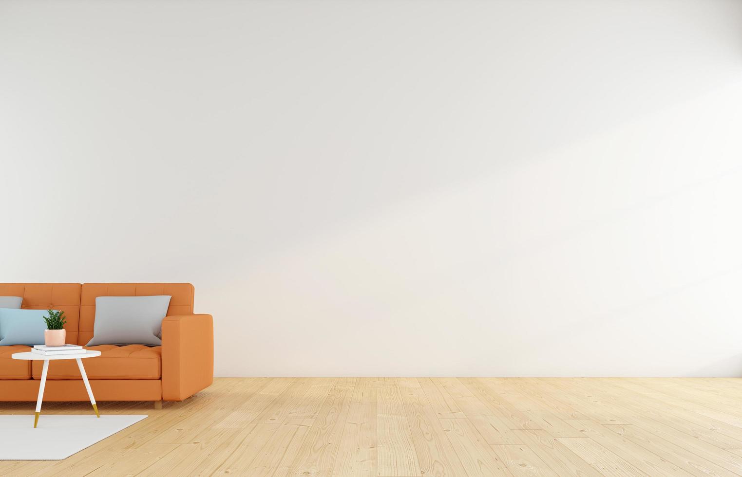 quarto vazio minimalista com sofá laranja na parede branca. renderização em 3D foto