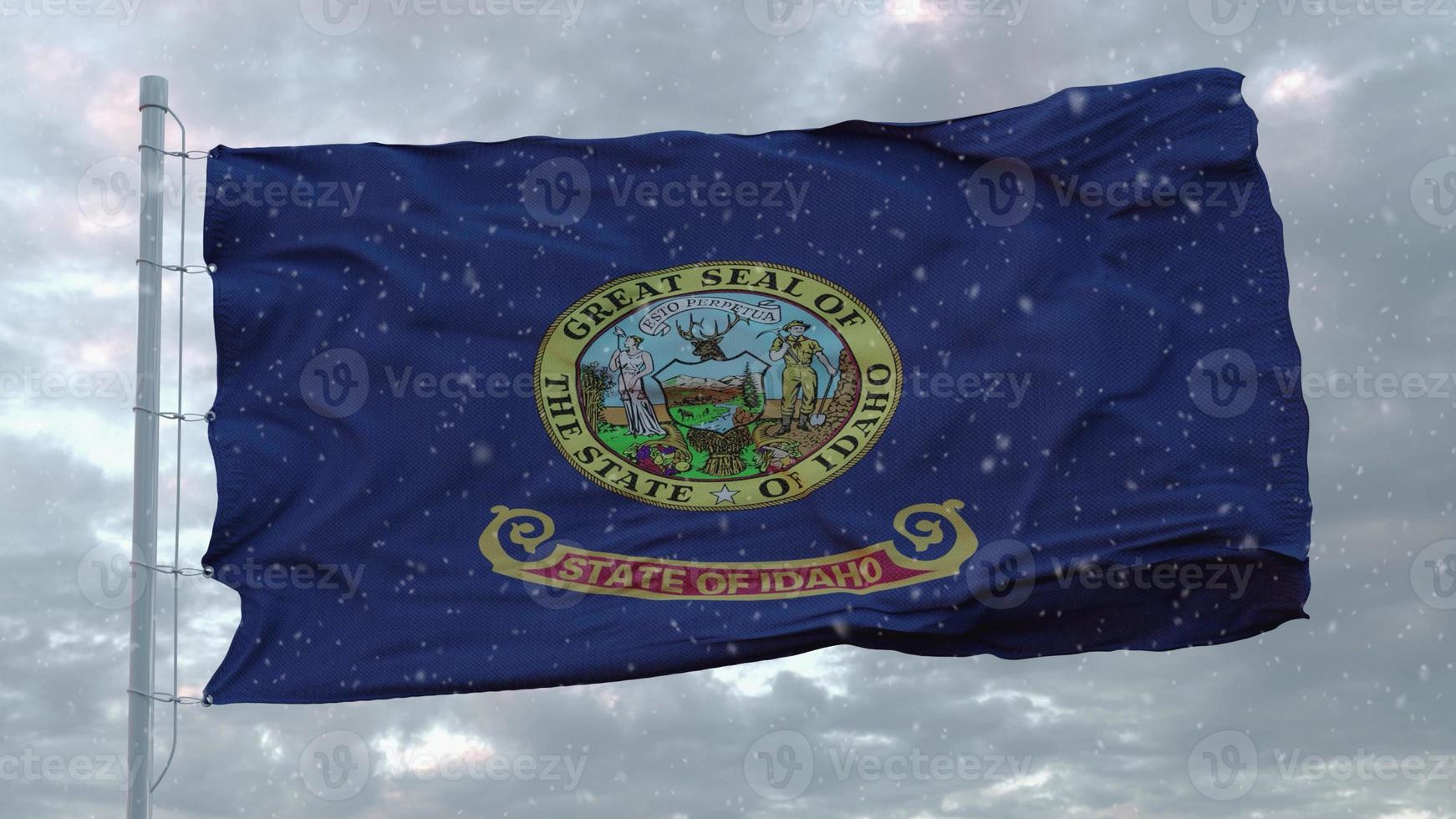 bandeira de inverno de idaho com fundo de flocos de neve. Estados Unidos da América. renderização em 3D foto