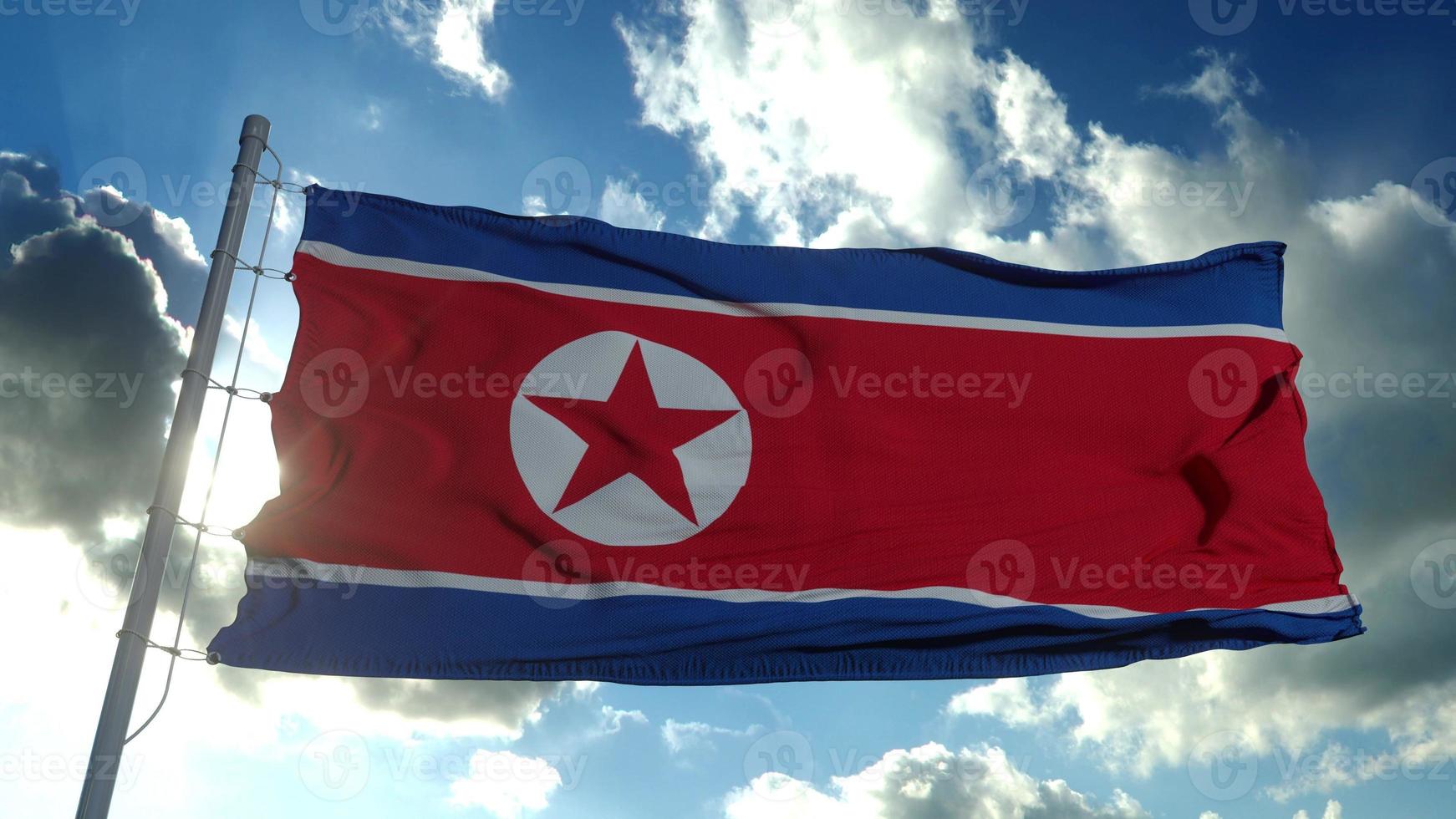 bandeira da coreia do norte balançando ao vento contra o céu azul profundo. tema nacional, conceito internacional. renderização em 3D foto