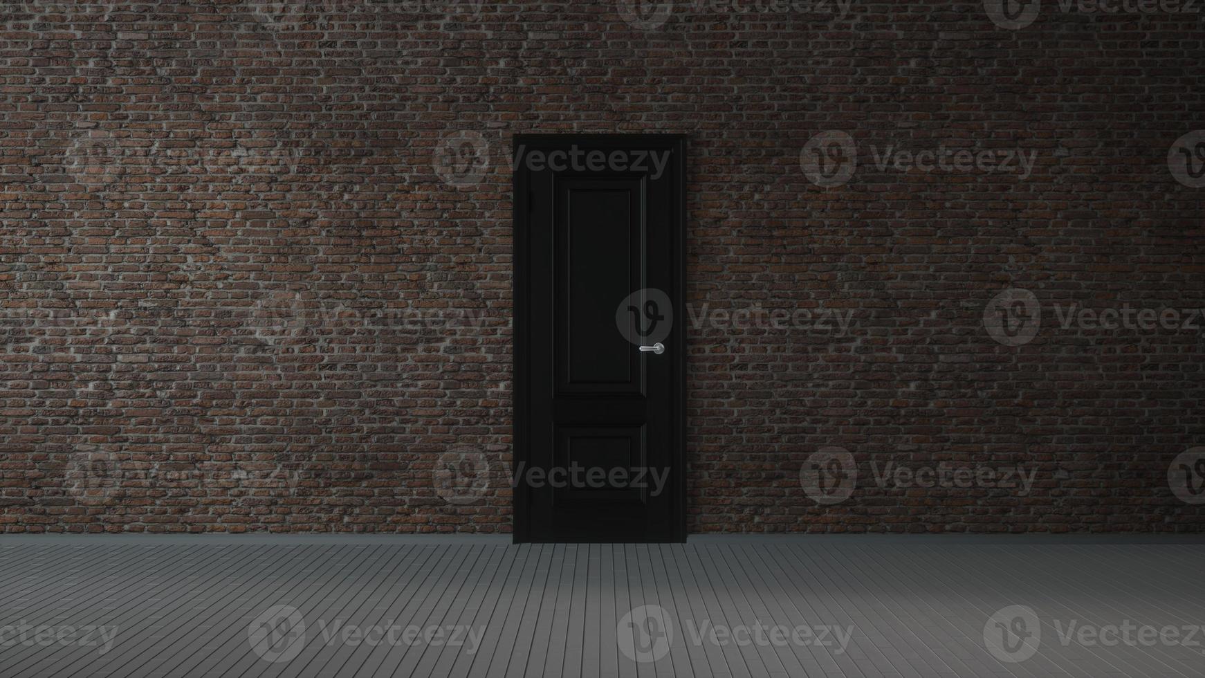 parede de tijolos, porta preta e piso de madeira, abstrato interior vazio. ilustração 3D foto