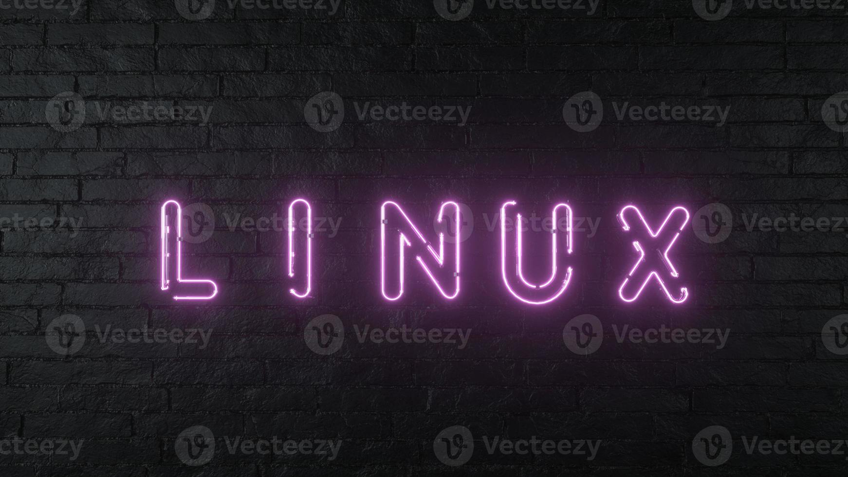 sinal de néon linux. emblema linux brilhante no fundo da parede de tijolos escuros. renderização em 3D foto