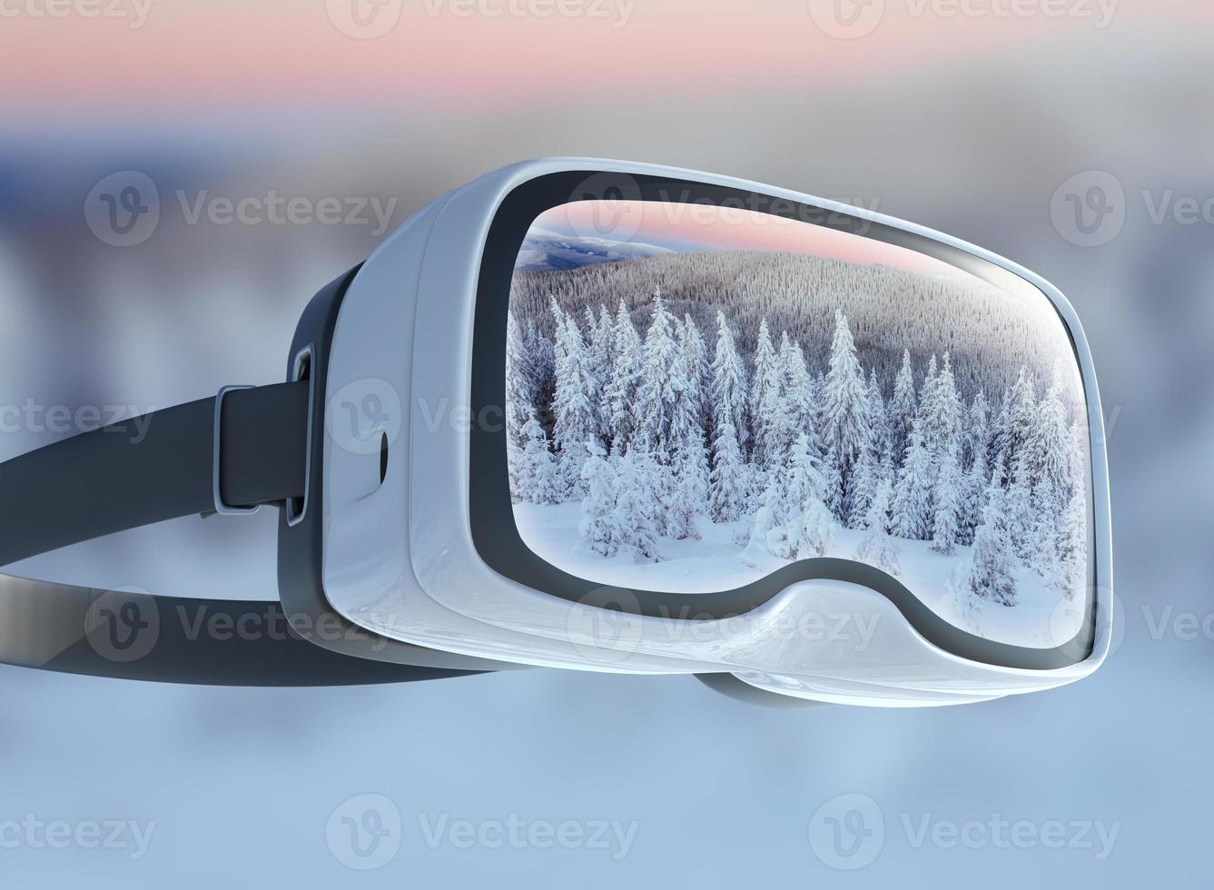 fone de ouvido de realidade virtual, dupla exposição. misteriosa paisagem de inverno majestosas montanhas em. árvore coberta de neve mágica. foto