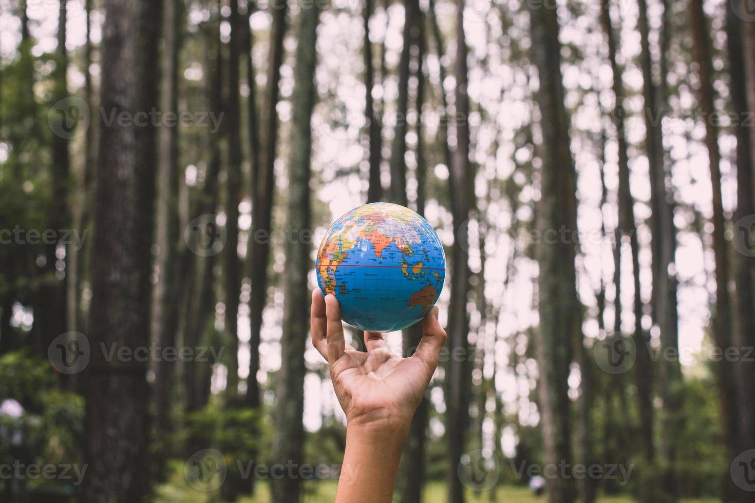 mãos segurando um globo com fundo de floresta turva, conceito de dia da terra foto