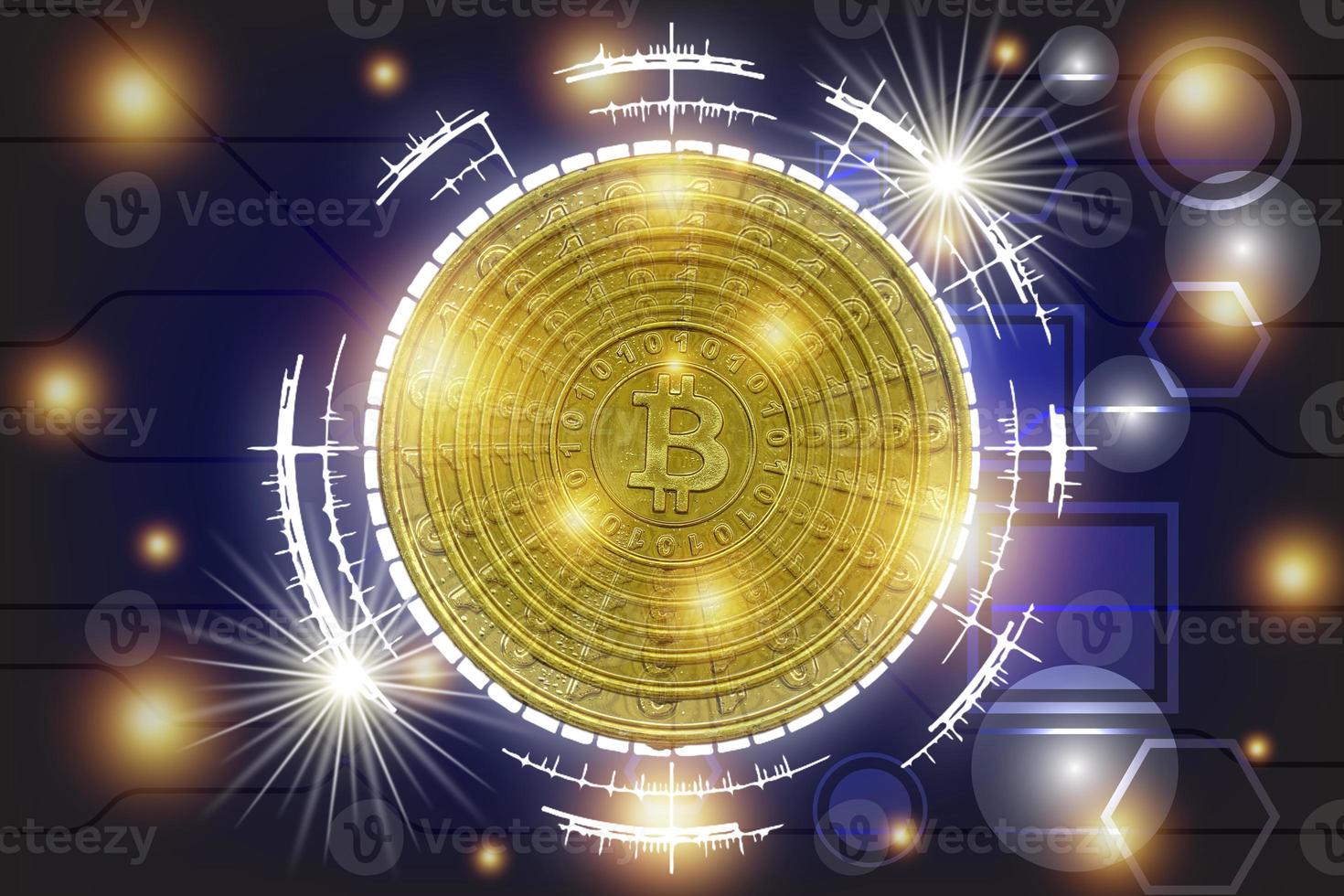 bitcoin dourado em fundo de tecnologia. novo dinheiro virtual. criptomoeda. decoração de arte criativa. foto