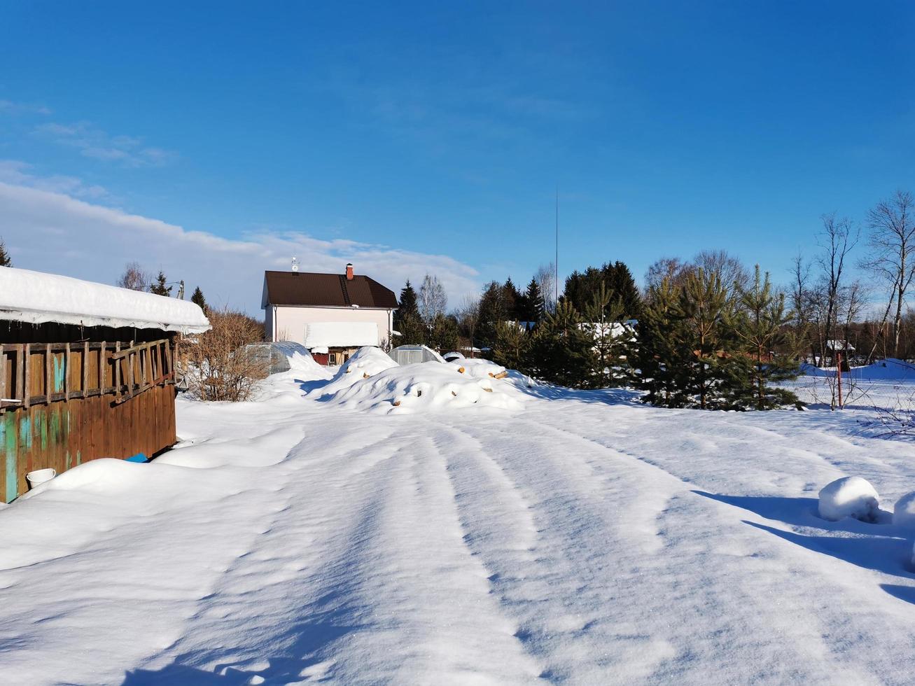 dia de inverno na aldeia russa neve bem céu azul foto