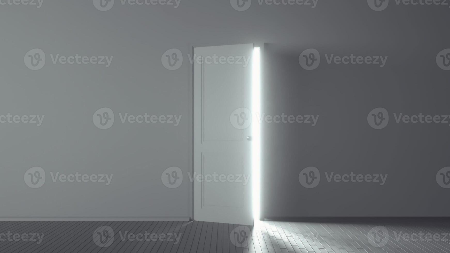 a porta se abre e uma luz brilhante inunda um quarto escuro. pode ser usado como ilustração para esperança e liberdade. renderização em 3D foto