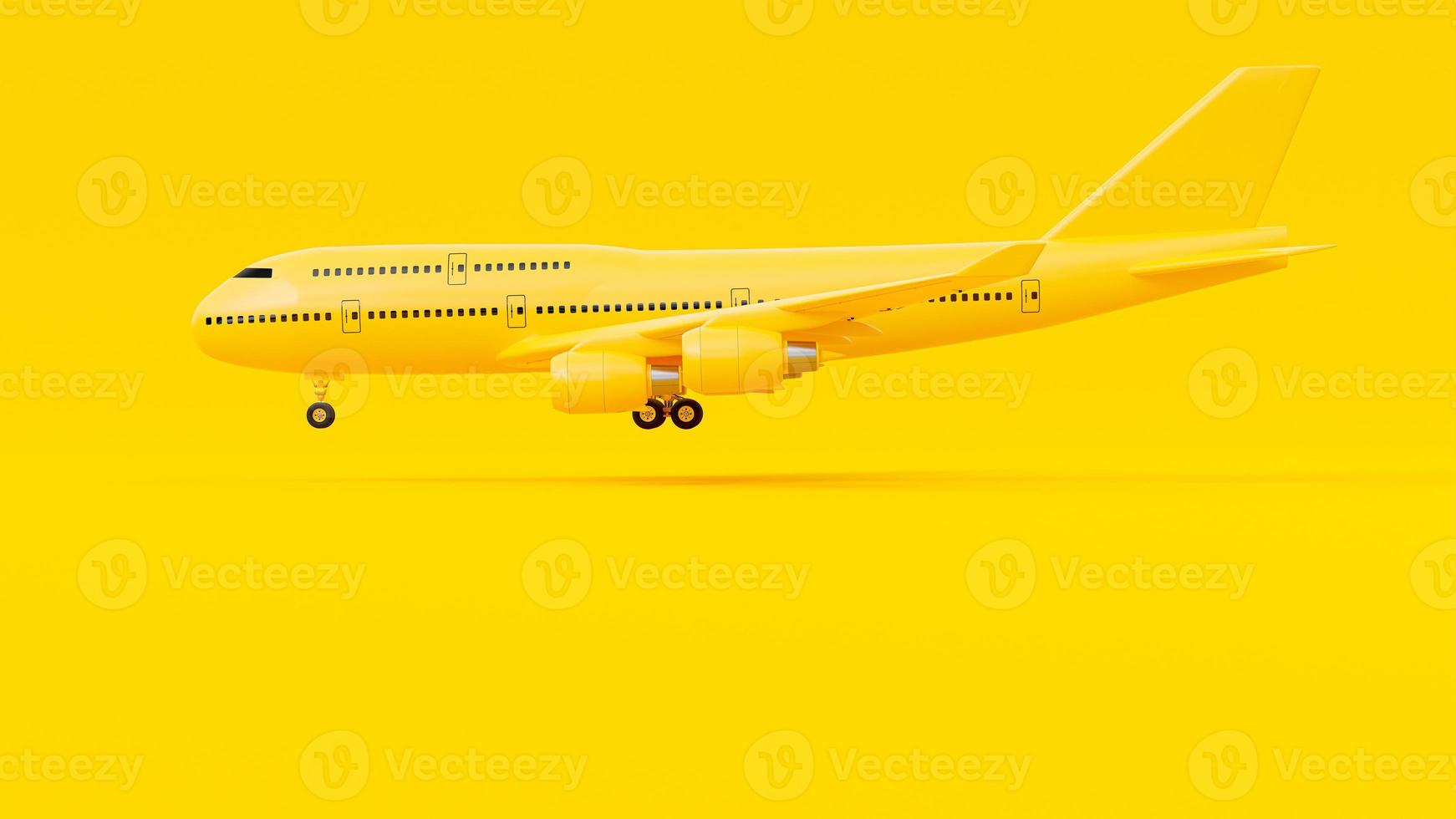 lado do avião amarelo desdobrando sua roda sobre fundo amarelo. conceito de ideia mínima, renderização 3d. foto