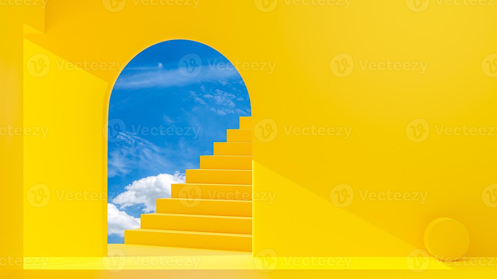 porta no quarto amarelo dentro é escada e céu brilhante. a luz lateral cria alto contraste. espaço para fundo de banner e logotipo. renderização 3D. foto