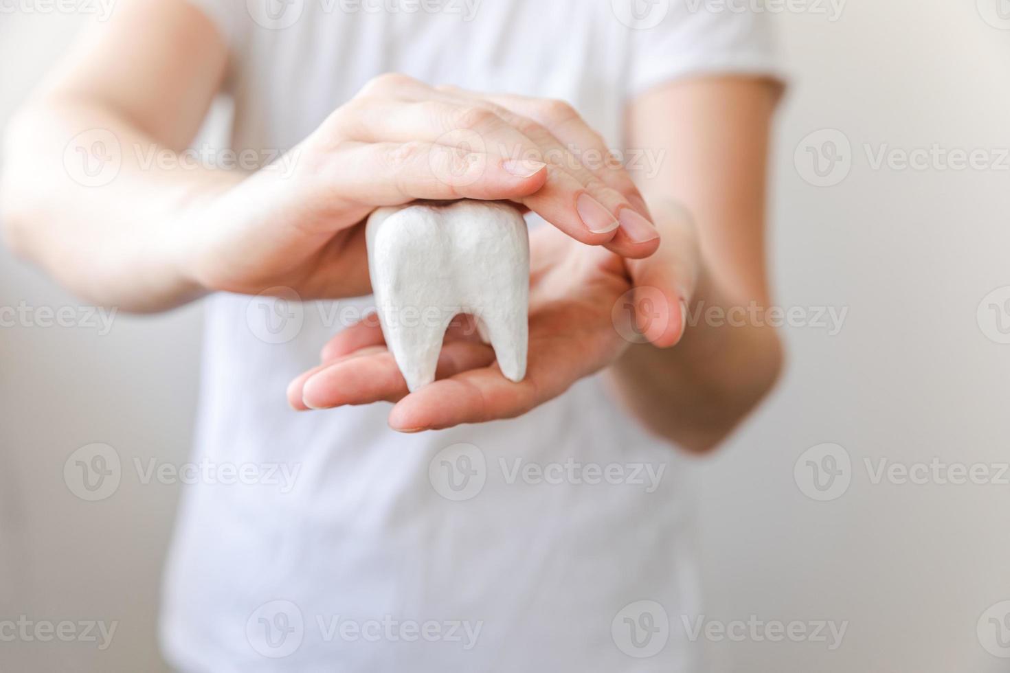 conceito de atendimento odontológico de saúde. mão de uma mulher segurando o modelo de dente saudável branco isolado no fundo branco. clareamento dos dentes, higiene bucal dental, restauração dos dentes, dia do dentista. foto