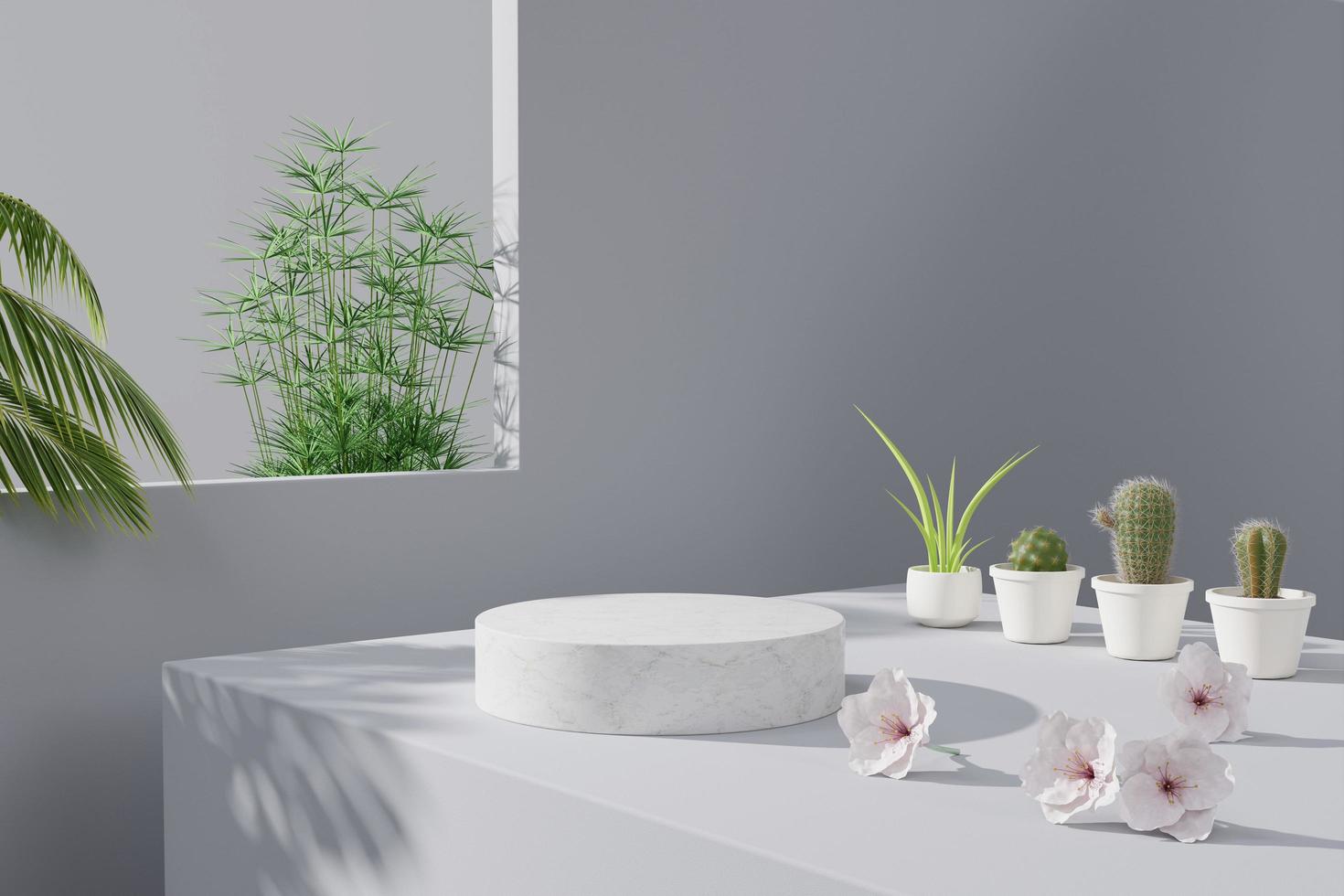 pódio de mármore branco cilíndrico com plantas naturais 3d render ilustração foto