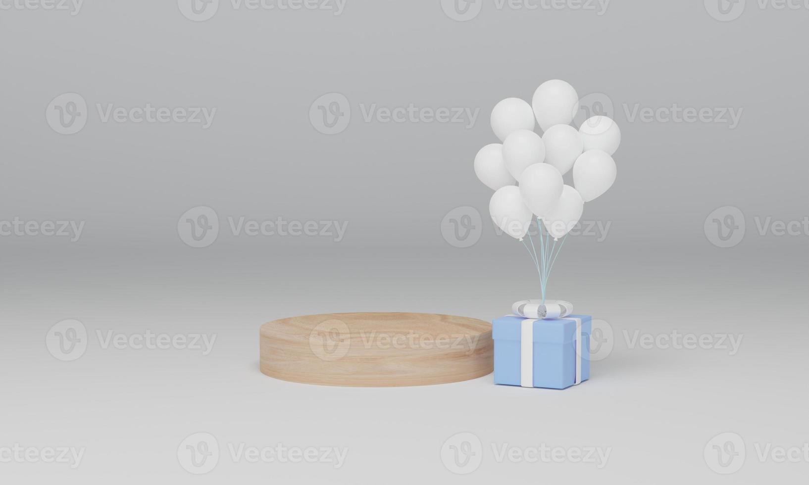 pódios de madeira e caixa de presente com balão em fundo branco. cena mínima abstrata com geométrico. brincar. ilustração 3D, renderização em 3D. foto