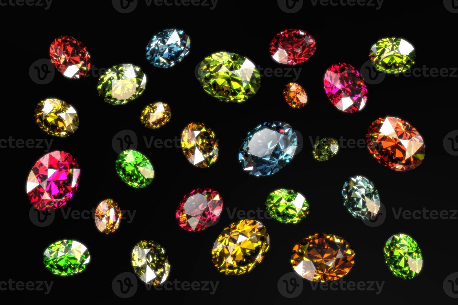 diamantes de gemas redondas coloridas isolados em renderização 3d de fundo preto foto