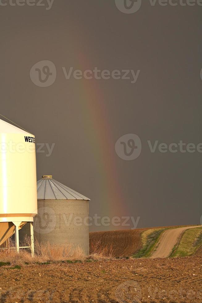 arco-íris descendo atrás de celeiros em saskatchewan foto