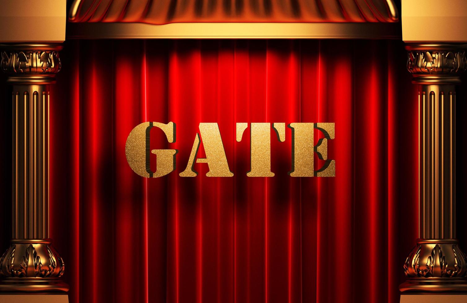palavra dourada do portão na cortina vermelha foto